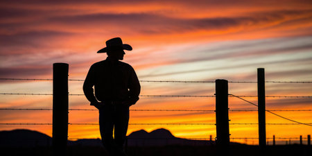 A cowboy leans against a fence while watching the colorful sunset over the mountains.