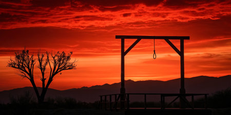 Fiery sunset casts a dramatic glow on a gallows and a solitary tree in a desert landscape.の写真素材
