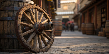 Wooden barrels line the cobblestone streets while a vintage wheel lies nearby in a historic town.
