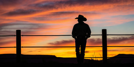 Silhouetted cowboy stands by a fence, gazing at a breathtaking sunset painted in warm hues.の写真素材