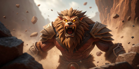 A mighty creature roars amidst debris, displaying strength in a dramatic scene.の写真素材