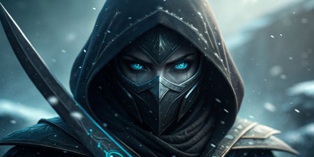 Mysterious character shrouded in darkness, blending into the snowy backdrop with an intense gaze.の写真素材