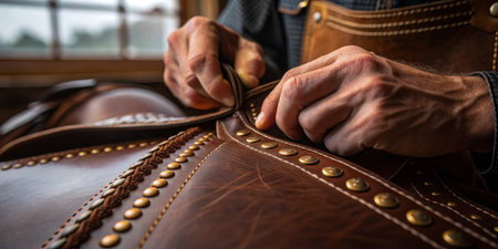 Hands meticulously stitch together a beautifully crafted leather saddle in warm workshop light.