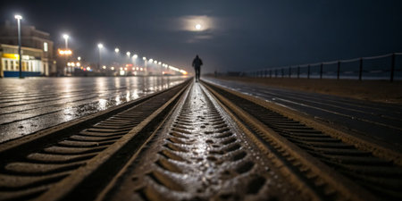 A lone figure walks along wet tire tracks on a boardwalk under a bright moonlight.の写真素材