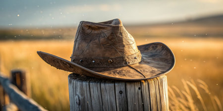 Sunlight casts a warm glow on a vintage cowboy hat placed atop a wooden post in a prairie.の写真素材