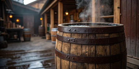 A charming wooden barrel releases steam as vendors prepare for the day's activities.の写真素材