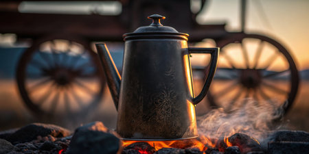 A vintage coffee pot steams over glowing embers, with a wagon silhouette at sunset.の写真素材