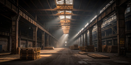 Sunlight streams through dusty windows, lighting empty wooden pallets in a vast, forgotten room.