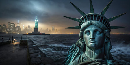 Statue stands proud, surrounded by choppy waters and a vibrant city backdrop at dusk.