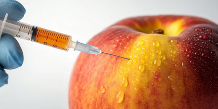 A close-up view shows a hand wearing a blue glove injecting a syringe into a fresh apple. The apple displays water droplets on its surface.の写真素材
