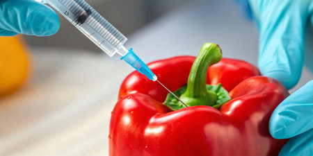 A hand wearing blue gloves carefully injects a syringe filled with liquid into a bright red bell pepper.の写真素材