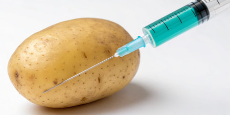 A potato rests on a clean surface while a syringe is poised next to it. This setup highlights innovative techniques in agricultural research and food science experimentation.の写真素材