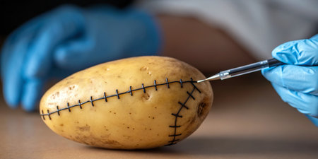 In a kitchen setting, a person wearing blue gloves skillfully cuts into a potato. The potato is...