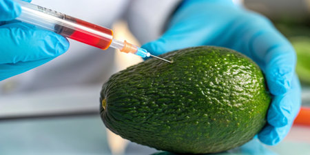 In a laboratory, a person wearing blue gloves carefully injects a syringe filled with liquid into a...