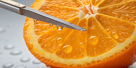 In a close-up view, a knife slices through a bright orange. Juicy segments are exposed, and water droplets glisten on the fruit's skin and cut surface.の写真素材