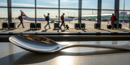 Silhouetted figures stroll past large windows of the airport terminal, showcasing their luggage. A shiny spoon rests on a surface, capturing reflections of the bright afternoon light.の写真素材