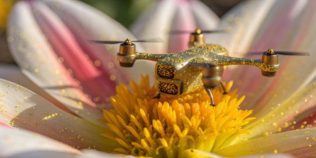 In a sunny garden, a small golden drone hovers over a colorful flower. Its shiny surface contrasts...