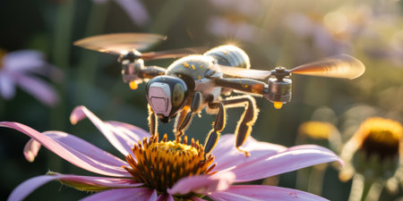 A small robotic bee hovers above a bright pink flower, gathering pollen in a sunny garden. The golden sunlight highlights the intricate details of the flower as nature and technology blend together.の写真素材
