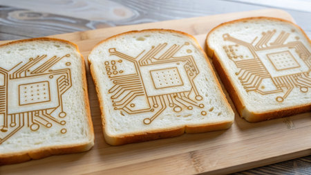 Slices of toasted bread showcase intricate circuit board designs etched onto the crust. This unique...