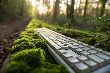 In a peaceful forest during sunset, a keyboard lies on a log blanketed with vibrant green moss....