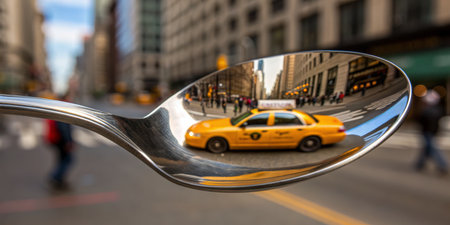 A shiny spoon reflects a yellow taxi driving down a busy city street. People walk on the sidewalk...