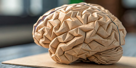 A detailed origami brain sculpture made of intricate folds showcases artistic skill and creativity. The textured paper reflects light, adding depth to this unique piece of art.の写真素材