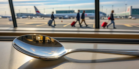 A polished spoon lies on a table, capturing the golden reflections of travelers in motion. In the background, planes await at the bustling airport as the sun sets, creating a serene scene.の写真素材
