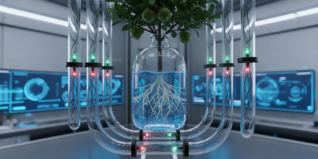 A plant with roots submerged in blue liquid sits inside a glass container.
