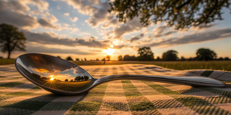 A shiny spoon lies on a checkered picnic blanket as the sun sets behind trees. The sky glows with rich colors, creating a beautiful reflection in the spoon's surface.の写真素材