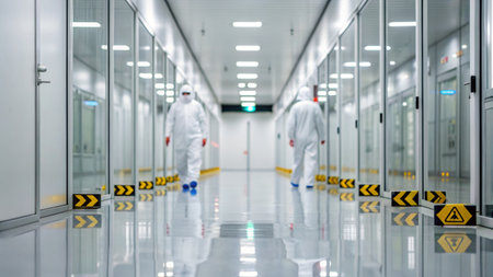 Two scientists in cleanroom suits move carefully through a bright, sterile corridor. The walls and floor reflect light, emphasizing a high-tech environment focused on research.の写真素材