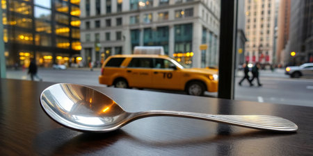 A shiny spoon lies on a rustic wooden table, reflecting the busy life outside. A yellow taxi passes...