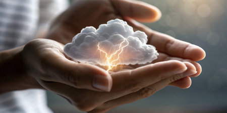 In a serene setting, a pair of hands gently hold a small cloud, with a striking bolt of lightning...