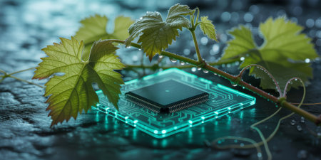 A vibrant contrast of a modern circuit board intertwined with fresh green vines lies on a wet stone...