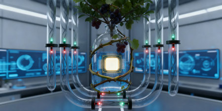 In a modern lab, a glass jar holds a plant with grapes, while surrounded by glowing tubes connected...