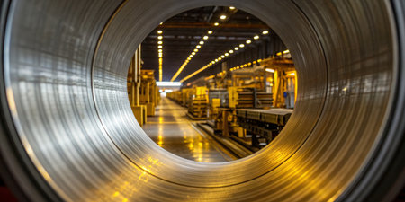 Within the bustling steel mill, long metal coils are ready for processing. Bright lights reflect off...