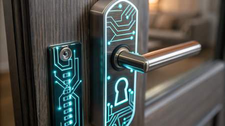 A sleek smart lock is installed on a wooden door, featuring glowing digital circuitry. This modern device represents advancements in home security, merging technology with design in everyday life.の写真素材