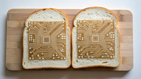Two slices of bread hold a creative twist on lunch, featuring detailed circuit board designs on their surface. This inventive culinary art blends technology and food in a fun way.の写真素材