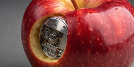 A shiny red apple reveals a futuristic robotic core, merging organic beauty with mechanical design. This intriguing piece showcases creativity and innovation while challenging perceptions of nature.の写真素材