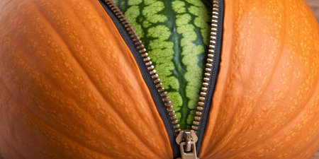 A creative display shows a large pumpkin with a zipper, revealing a fresh watermelon inside. This imaginative scene captures the playful spirit of fall festivities and seasonal fun.の写真素材
