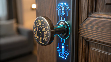 A sleek smart door lock with illuminated design stands out against a wooden door. The glowing pad...