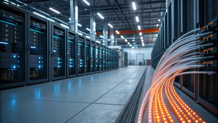 Rows of servers illuminate a high-tech data center, where bright LED lights indicate active...