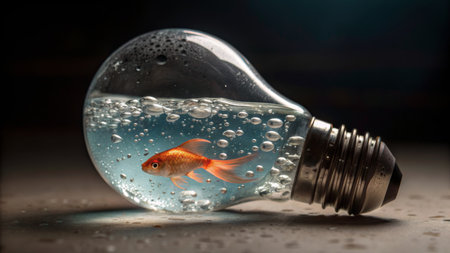 A vibrant goldfish swims gracefully inside a large light bulb filled with water. Bubbles rise to the...