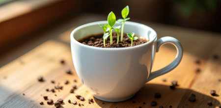 Tiny green plants emerge from dark soil in a white coffee cup, resting on a warm wooden table....