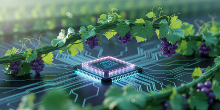 Grapes hang delicately from a vine surrounding a glowing computer chip. This creative blend...