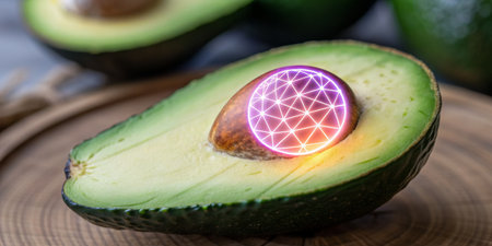 An avocado sliced in half reveals its creamy interior, featuring a glowing geometric pattern placed inside the pit. The scene is bright and colorful, showcasing the fruit's natural beauty.の写真素材