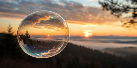 A soft sunset casts warm colors over a vast mountain scene. In the foreground, a delicate bubble holds a stunning reflection of the vibrant sky and distant trees, creating a magical moment.の写真素材
