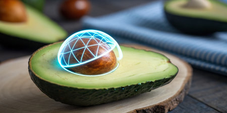 An avocado sits halved on a wooden surface, revealing its shiny pit. Surrounding it are other...