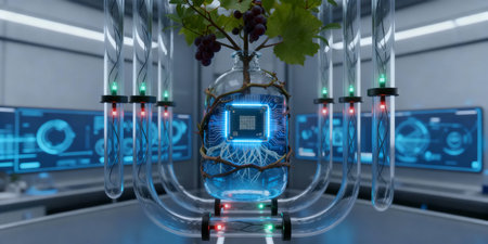 A glass container holds a plant with grapes, illuminated by blue circuitry. Tubes connect to...