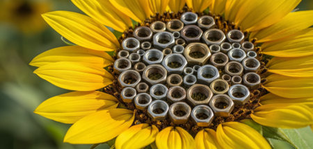 Bright yellow petals surround an unusual center filled with various metal nuts, creating a striking contrast. The sunflower stands tall under the sun, showcasing a blend of nature and industry.の写真素材