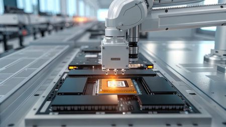 Amidst a sleek, modern factory, a robotic arm carefully places a microchip onto a circuit board. The...